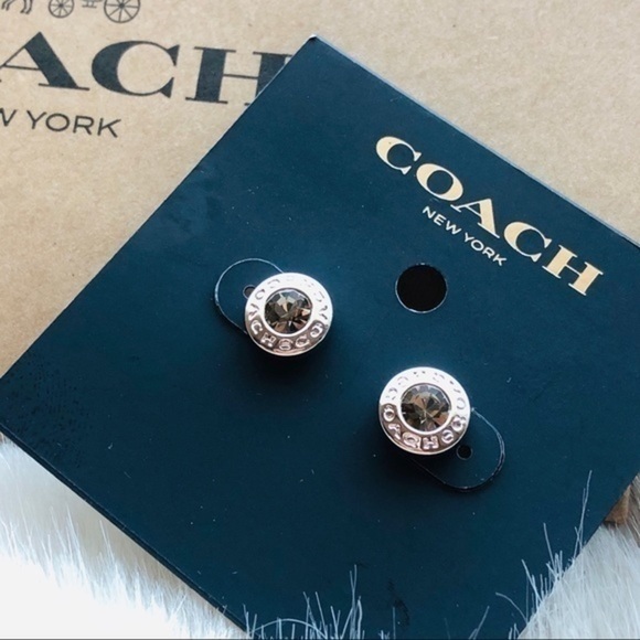 Coach Crystal Logo Stud Earrings Rose Gold Round Signature NWT - Picture 2 of 3